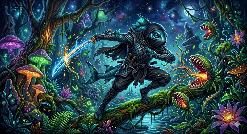 Ninja warrior in a cloak fights a glowing blue blade through a neon jungle filled with carnivorou...