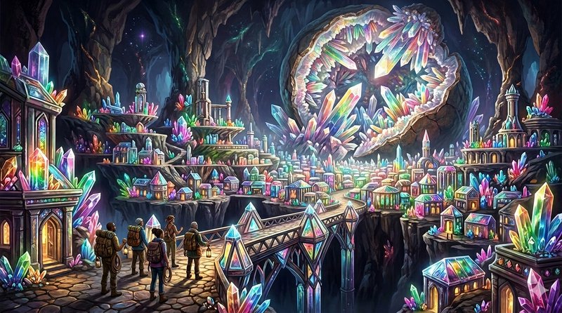 Fantasy crystal cavern city with glowing gem structures and explorers in a luminous underground t...