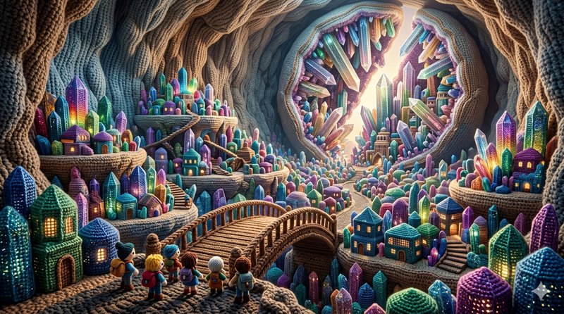 Colorful crystal town inside a cavern with a wooden bridge and tiny knitted figures exploring