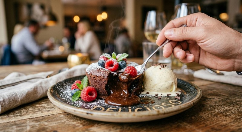Dessert plate with chocolate lava cake, berries, and vanilla ice cream on a rustic table.