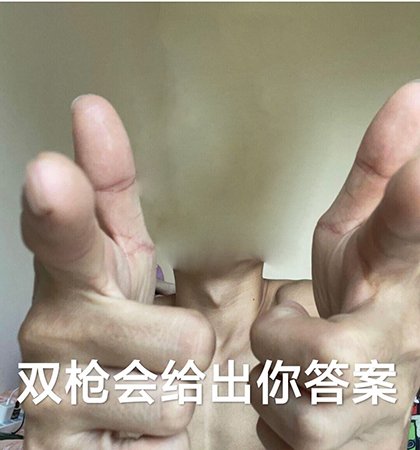 Person holding both hands in finger gun gestures, face obscured, overlaid with Chinese meme text