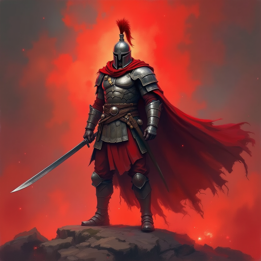 Dark armored knight with a red cape standing on a rocky outcrop against a fiery red background.