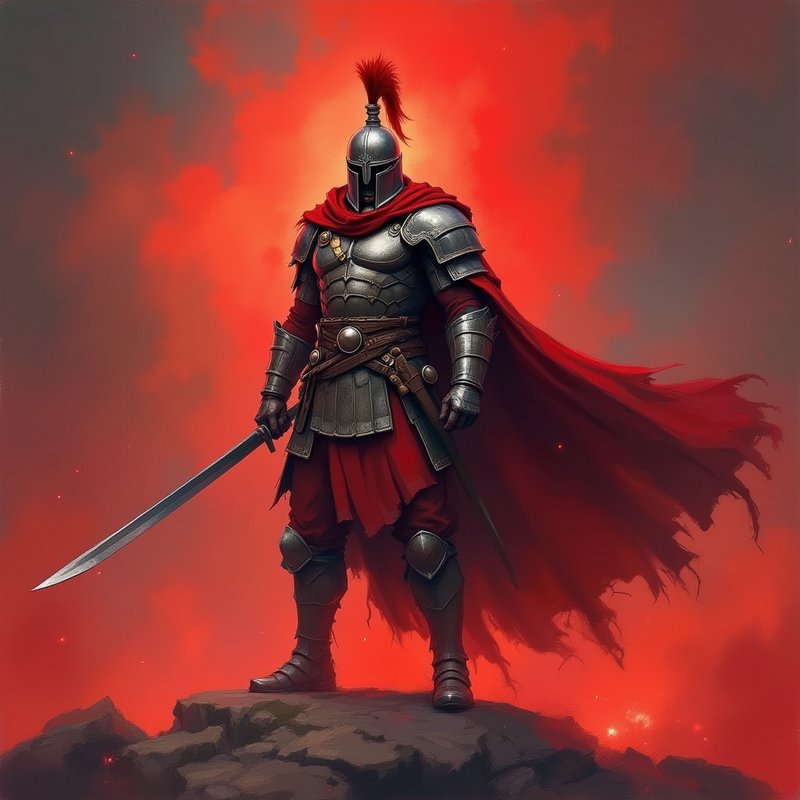 Dark armored knight with a red cape standing on a rocky outcrop against a fiery red background.