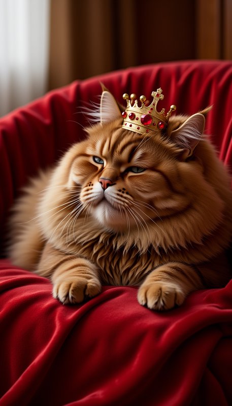 Fluffy orange cat wearing a gold crown, lounging on red velvet.