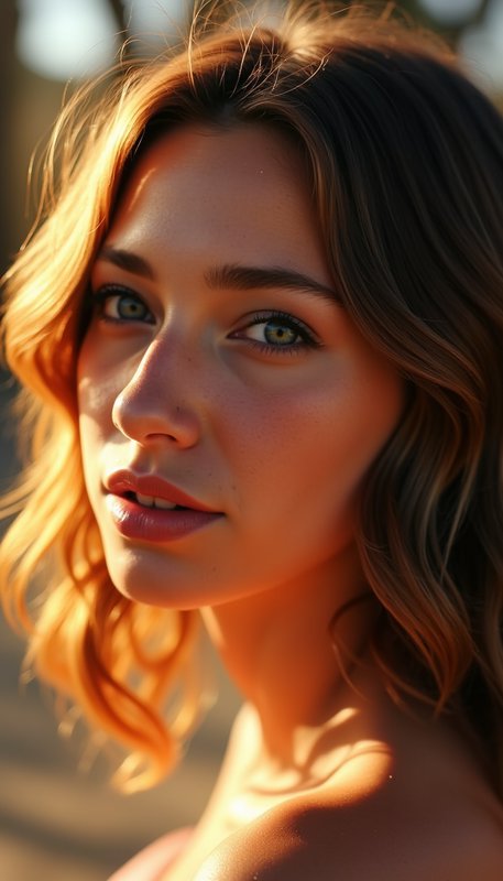 Close-up portrait of a young woman with warm sunset lighting and soft golden tones
