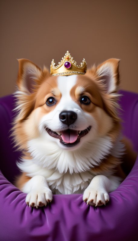 Smiling corgi wearing a golden crown with a purple gem, resting paws on a purple surface.