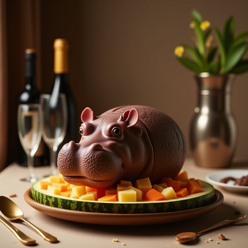 Chocolate hippo dessert on a platter of diced melon and cheese cubes