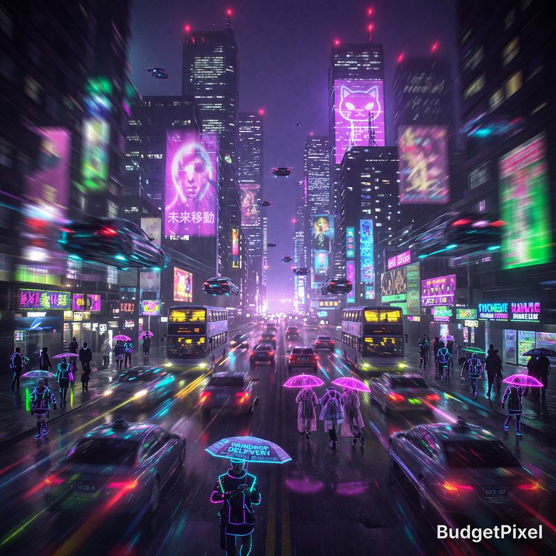 Futuristic neon city street at night with rain, flying cars, and pedestrians under glowing umbrel...