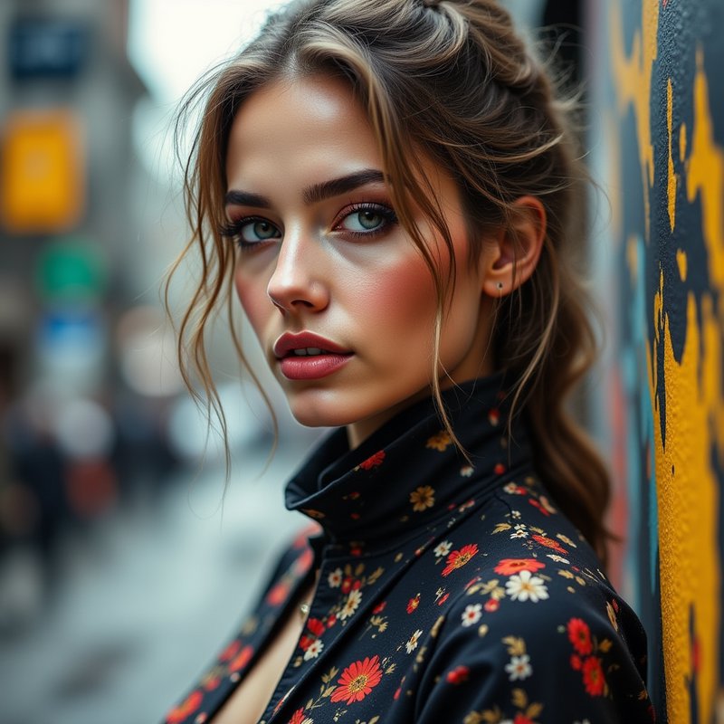 Portrait of a young woman with blue eyes in a floral high-neck jacket leaning against a graffiti ...