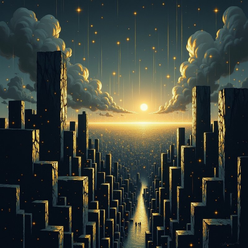 Surreal cityscape with tall dark block towers, a glowing sunset over reflective water, and two fi...