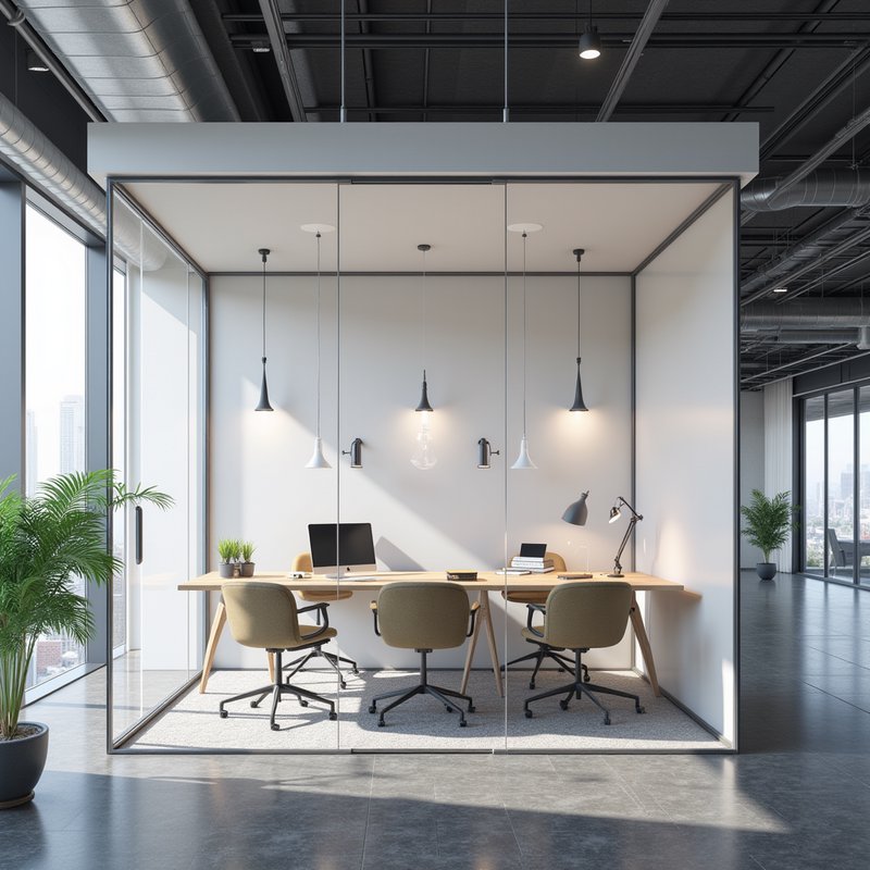 Modern glass-enclosed office meeting room with pendant lights and beige swivel chairs.