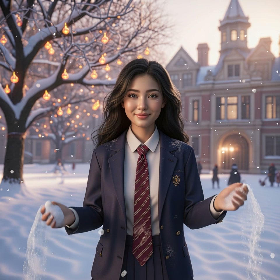 A smiling student in a navy blazer and striped tie on a snowy campus, sprinkling snow with both h...