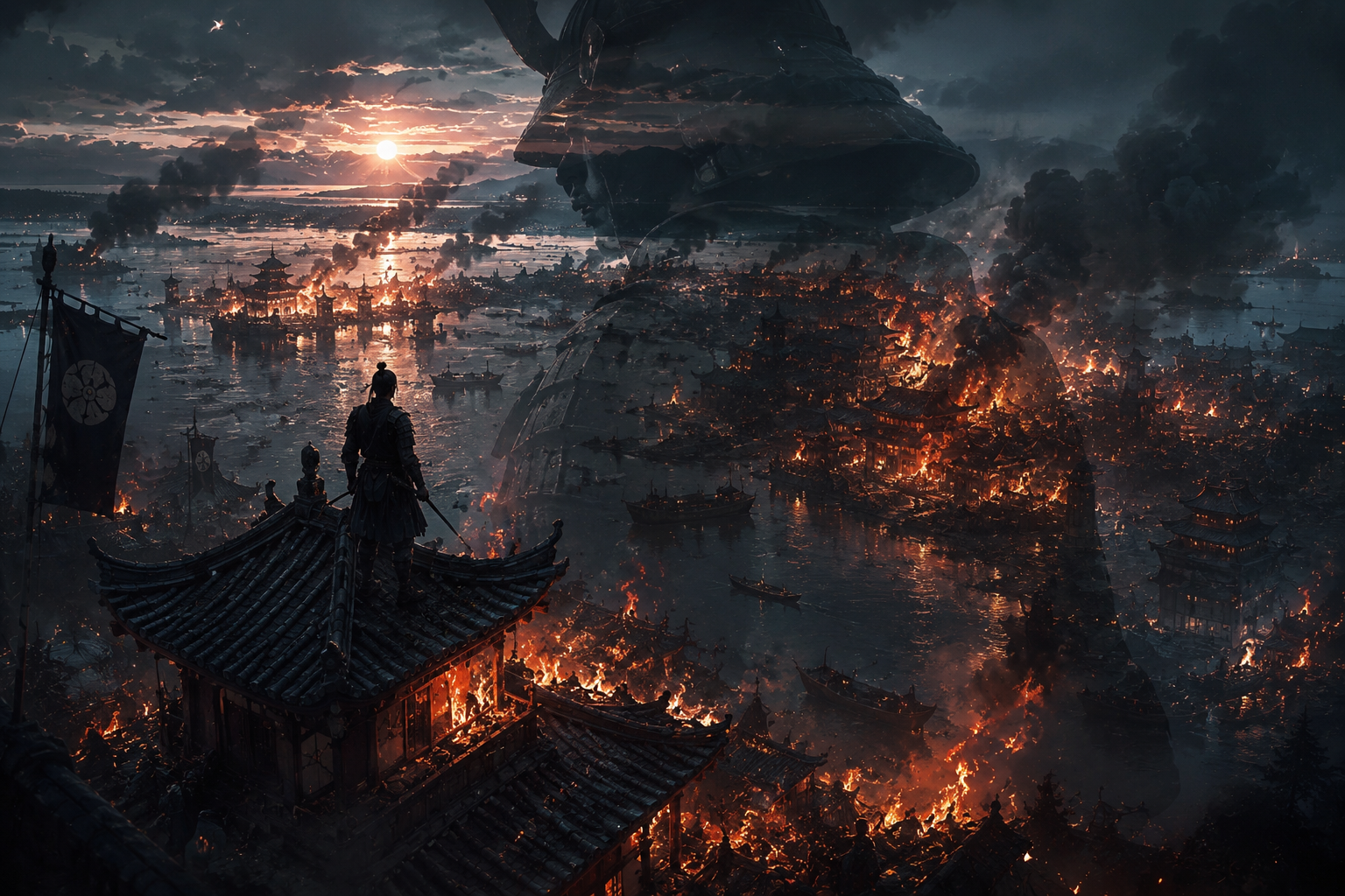 Samurai warrior stands on a pagoda roof overlooking a burning city and fiery sea at dusk.