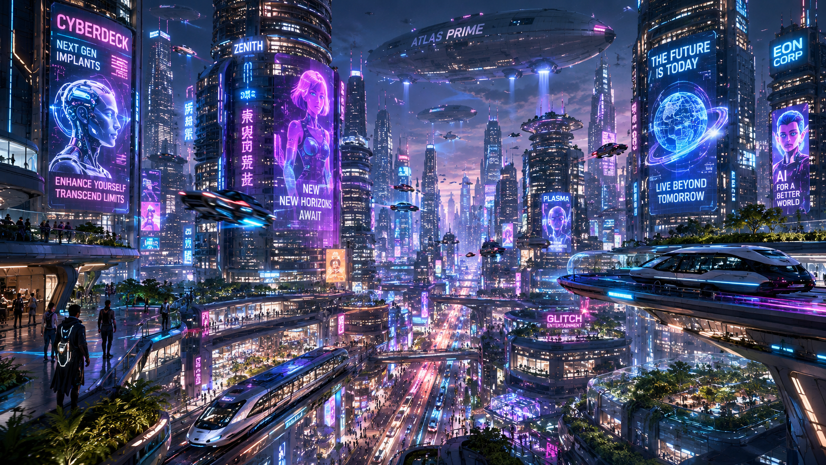 Futuristic neon-lit cityscape with flying cars, towering holographic billboards, and elevated transit pods.