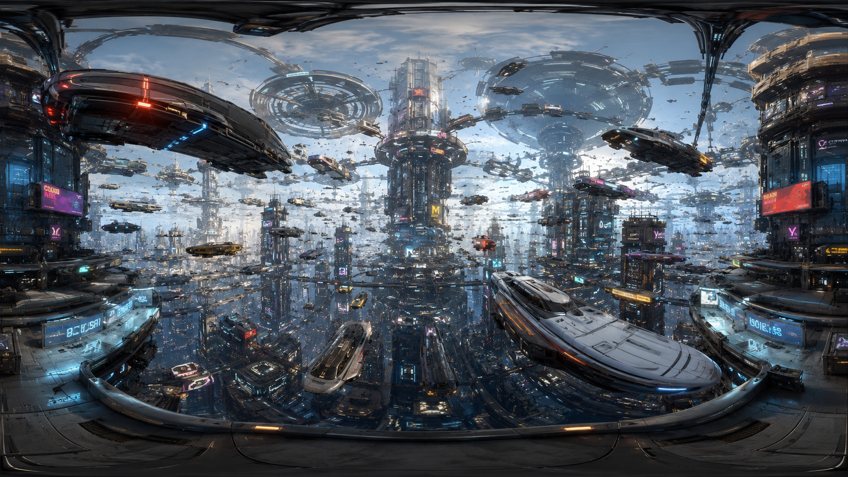 Futuristic sci-fi cityscape with flying ships and towering neon skyscrapers.