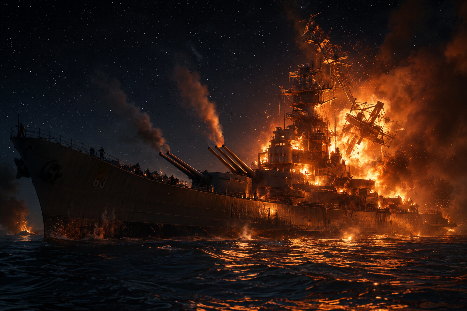 Battleship engulfed in flames at sea during night, with smoke rising and orange glow across the hull.