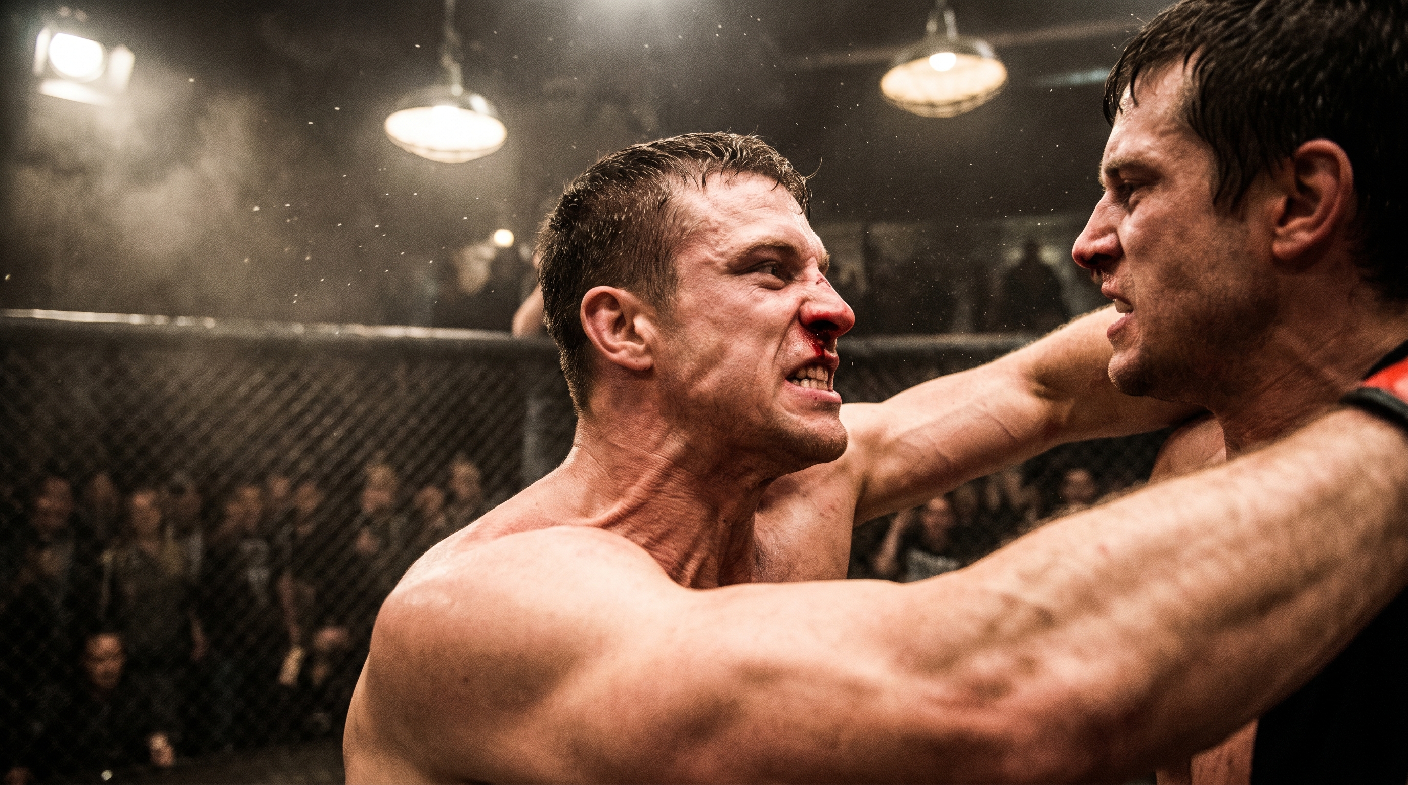 Intense underground MMA cage fight from Warrior; two male fighters grapple, one with a bloody nose, spectators watch behin...