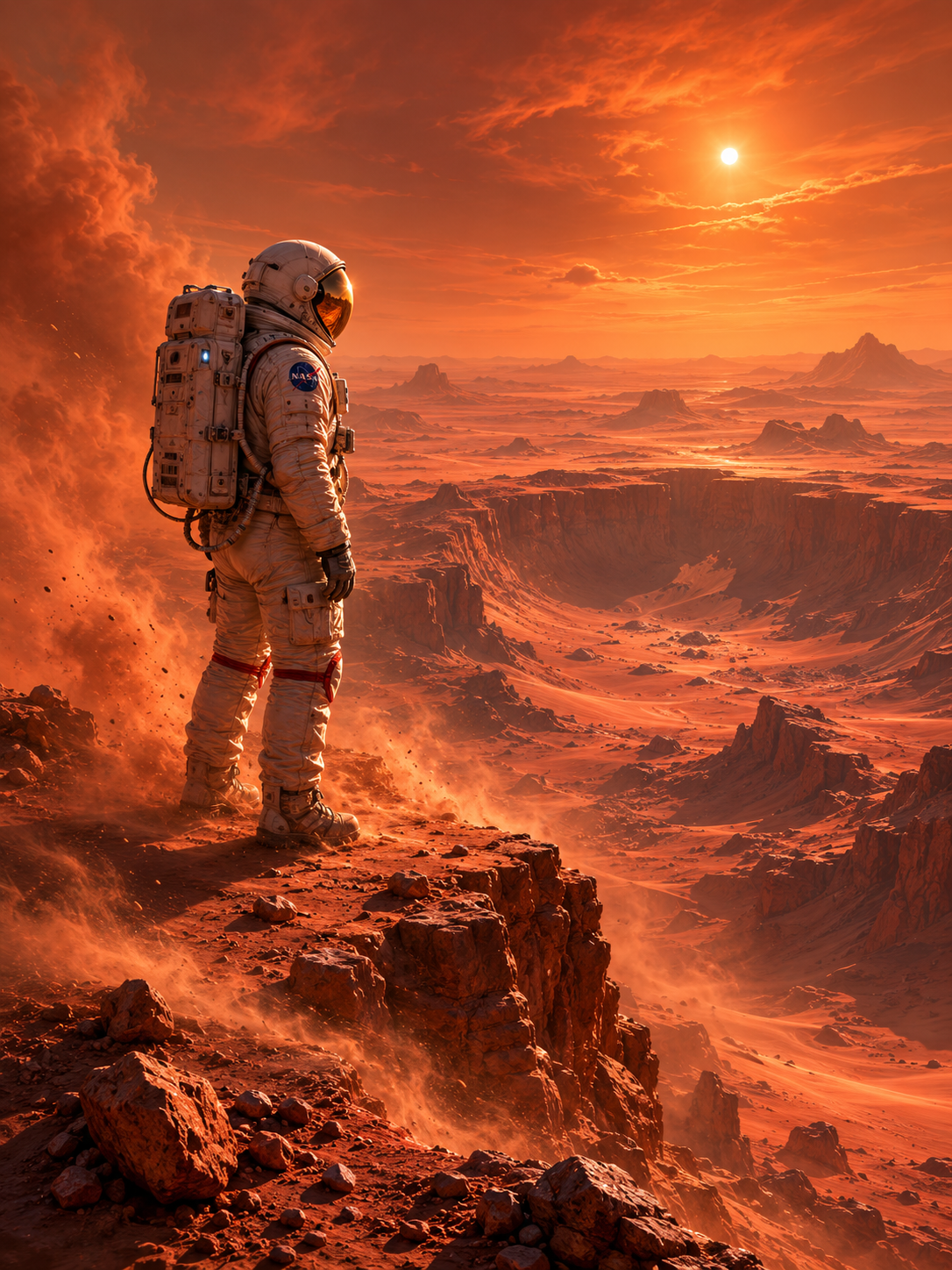 NASA astronaut in a spacesuit stands on a Mars cliff edge, overlooking the red rocky Martian desert landscape at sunset wi...