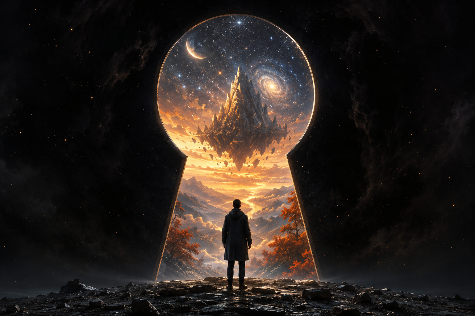 A silhouetted man stands before a glowing keyhole portal, gazing at a surreal layered landscape of Earth mountains and cos...