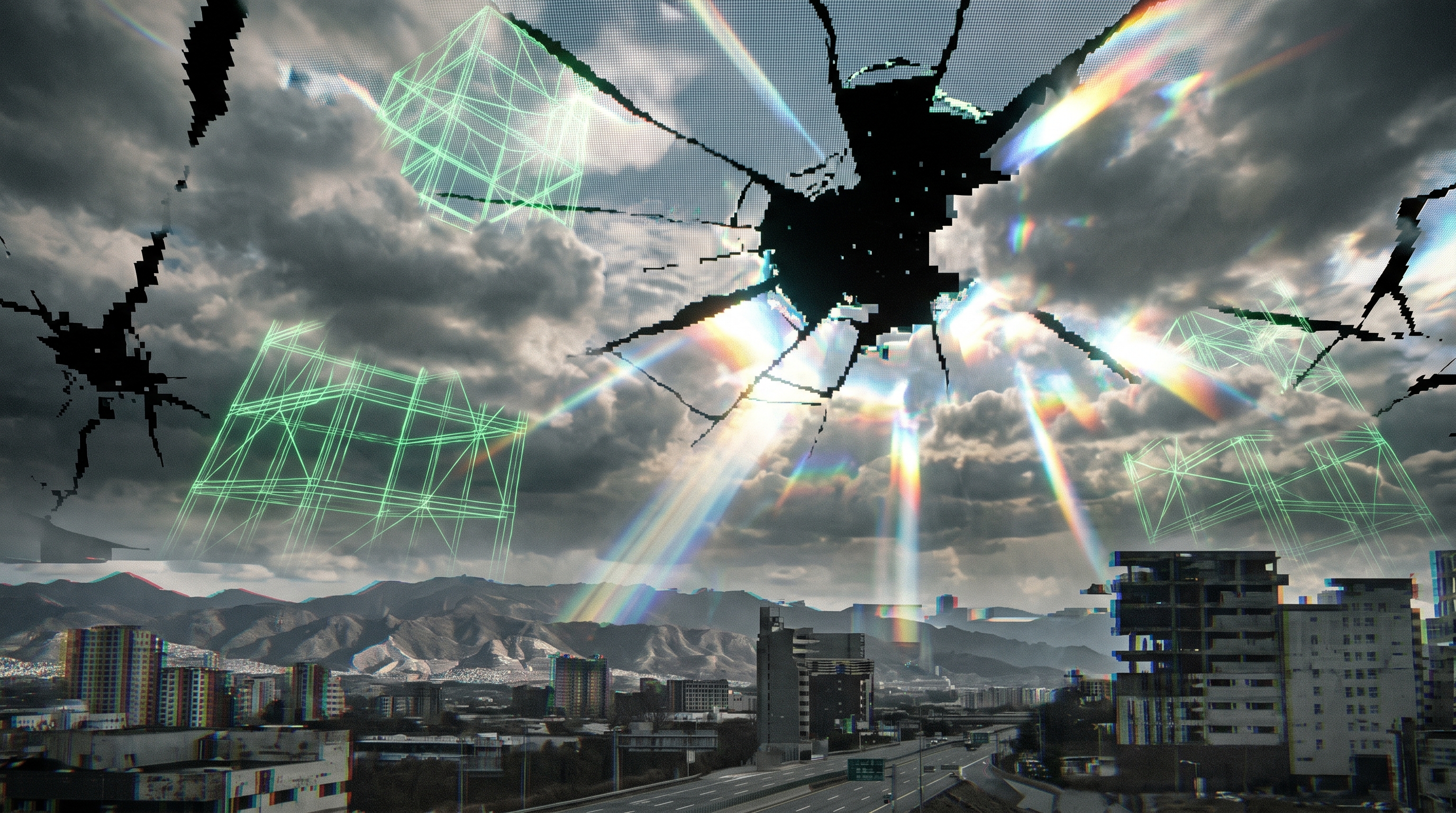 [Glitch art of pixelated giant alien insect creatures hovering over a city with glowing green wireframe holograms and rain...