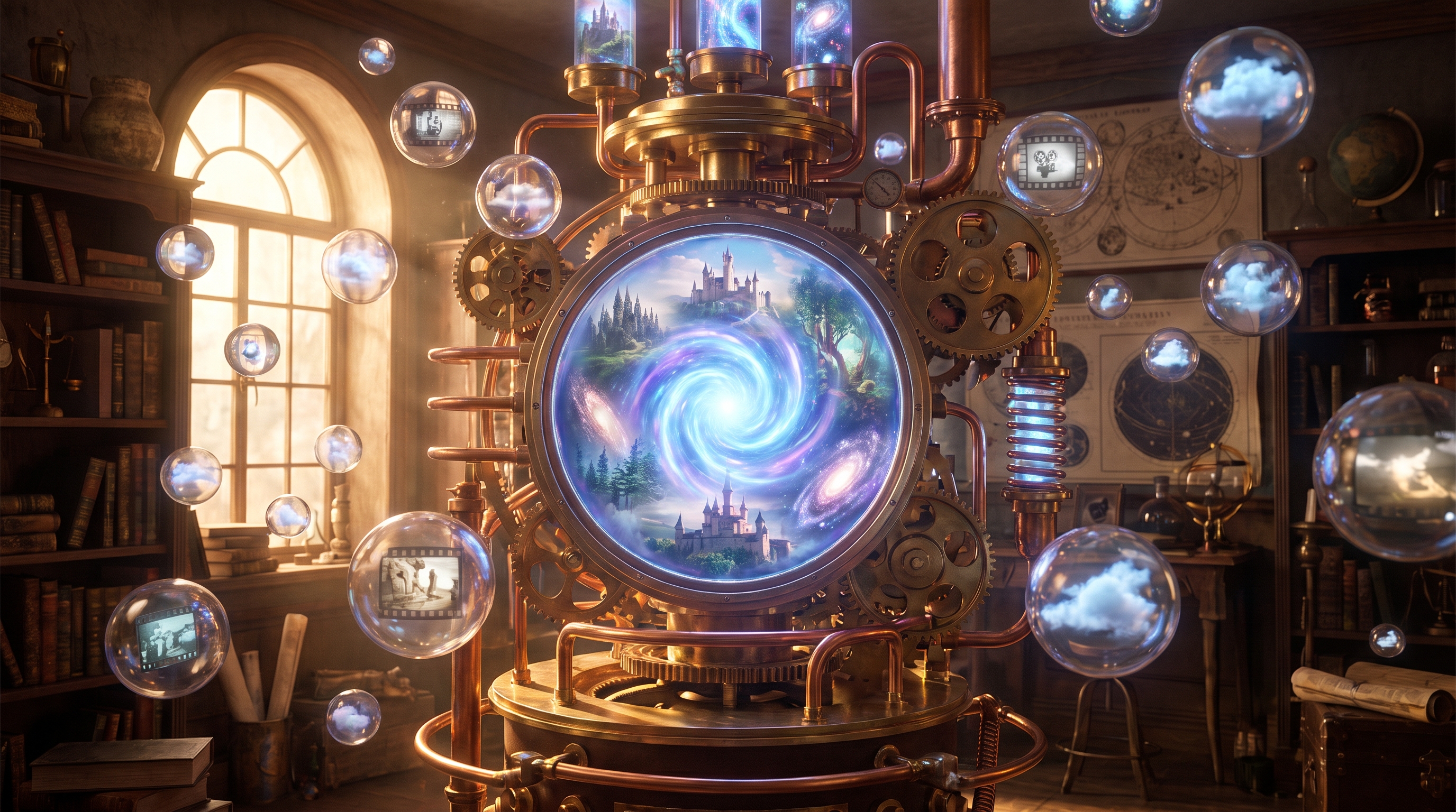 [Elaborate steampunk time machine with glowing cosmic portal, surrounded by floating memory orbs in a sunlit vintage wizar...