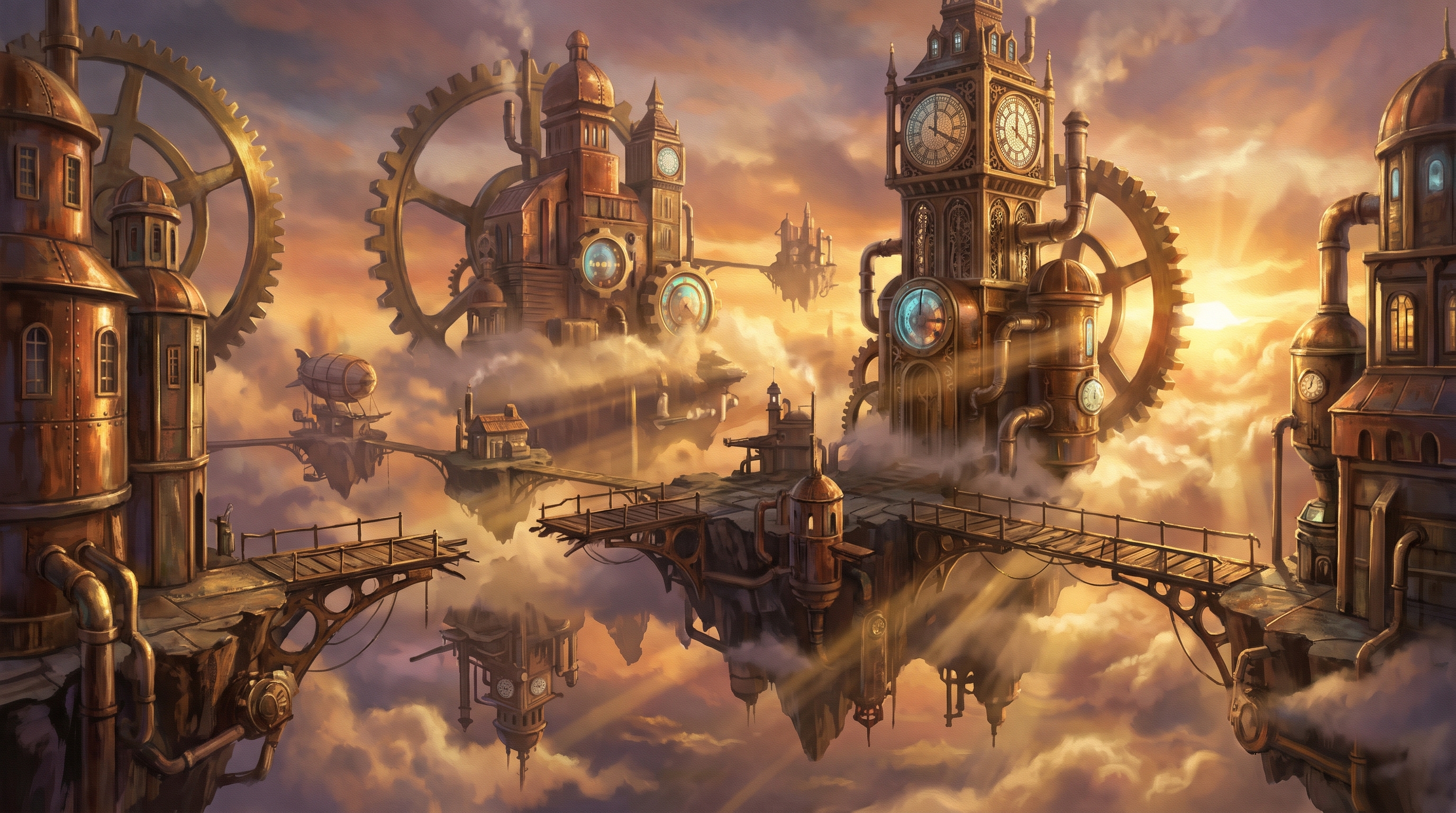 Steampunk floating sky city with ornate clock towers, giant brass gears, and bridges hovering above clouds at golden sunset