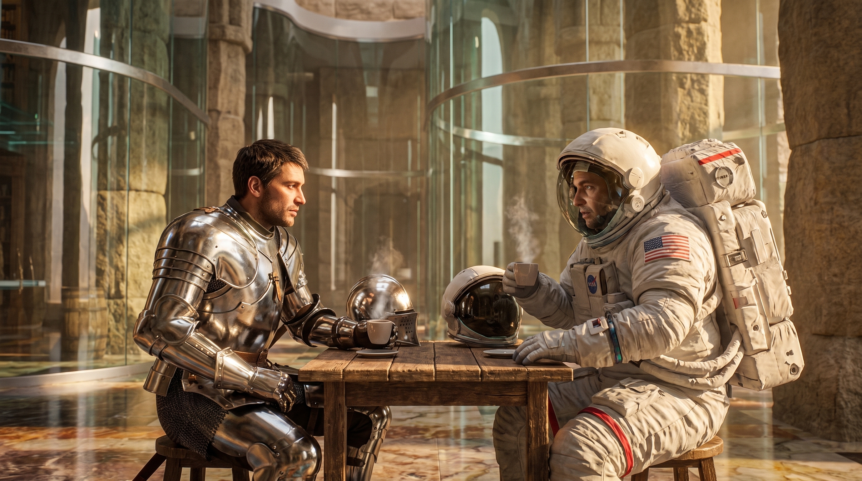 [Medieval knight in polished steel armor and spacesuit-clad astronaut sit facing each other, drinking coffee at a small wo...