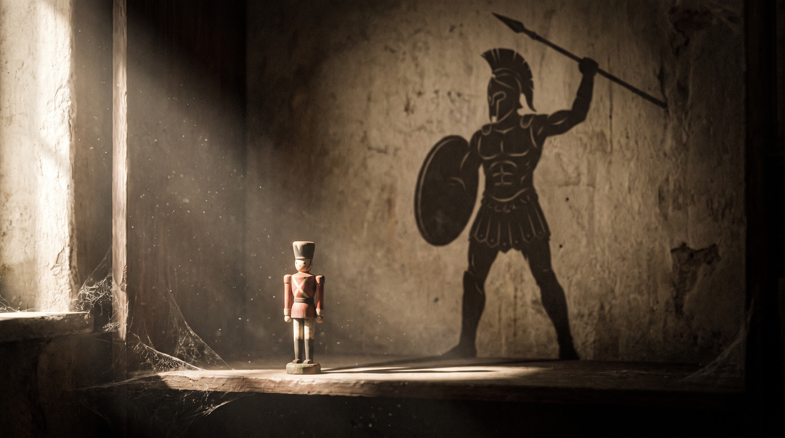 Small vintage wooden nutcracker toy stands in sunbeams, casting a large Spartan warrior silhouette on a weathered plaster ...
