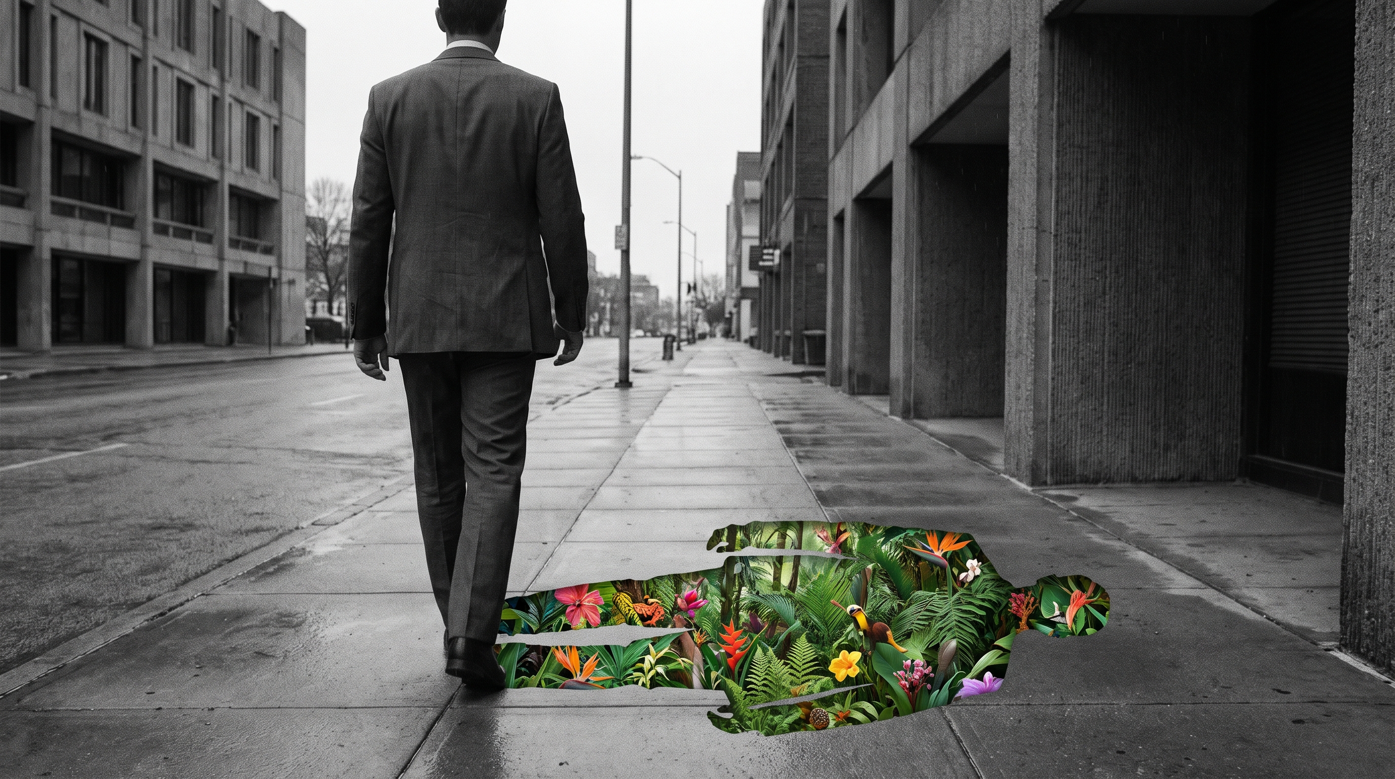 [Back view of suited businessman walking on a grayscale city sidewalk beside a crack revealing bright tropical jungle foli...