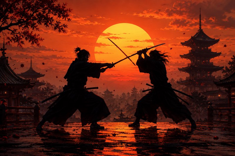 Silhouetted samurai duel at sunset with pagodas and a Japanese temple in the background.