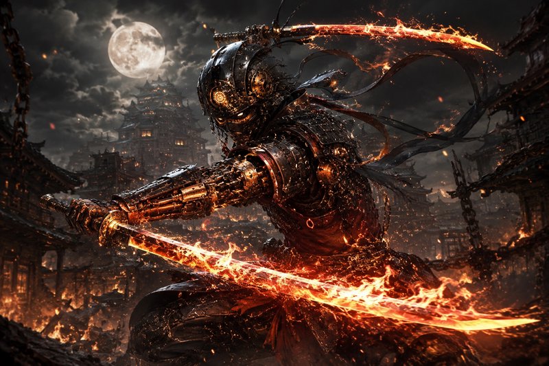 Fiery armored warrior with blazing swords battles in a ruined city under a full moon.