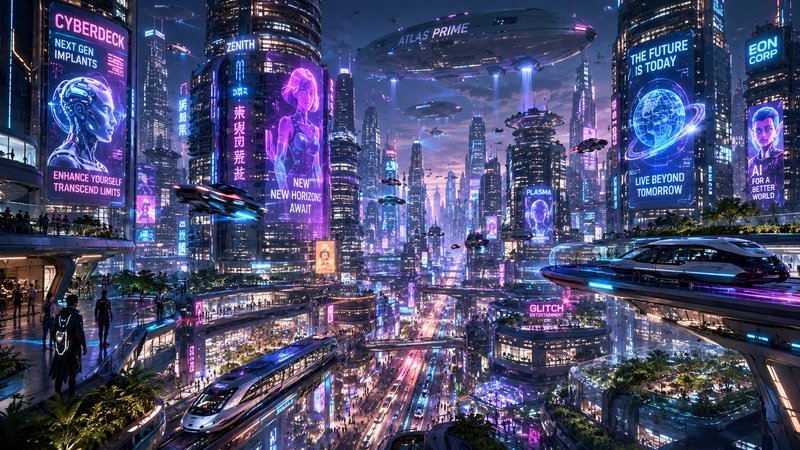 Futuristic neon-lit cityscape with flying cars, towering holographic billboards, and elevated transit pods.