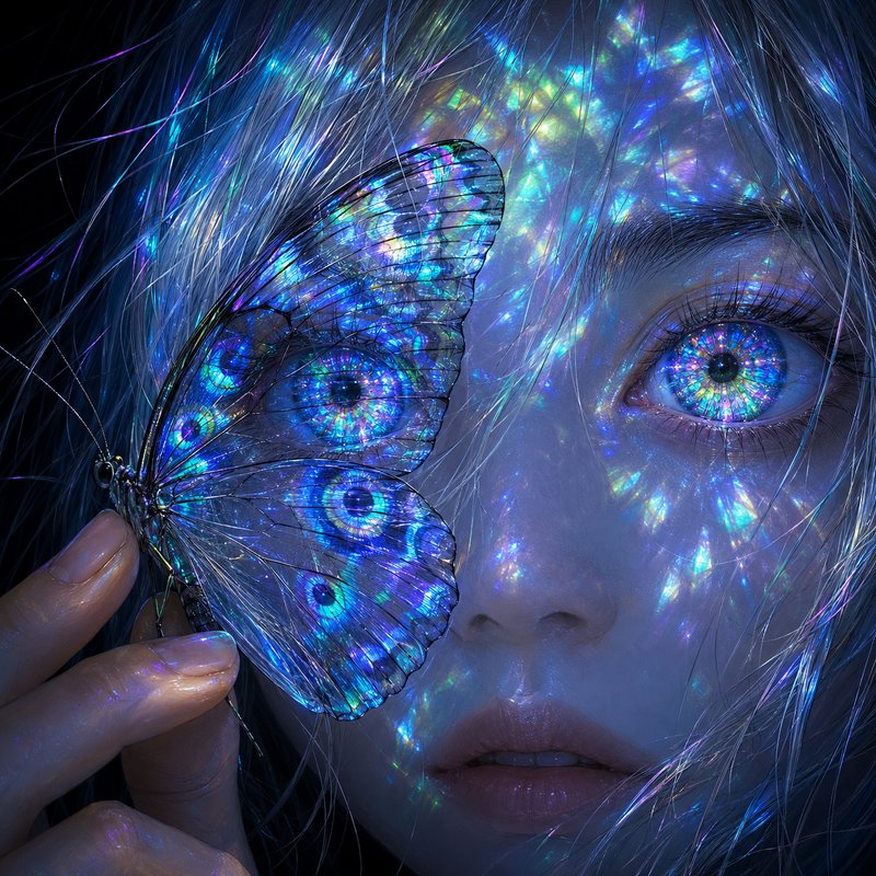 Close-up portrait of a person with an iridescent butterfly covering one eye.