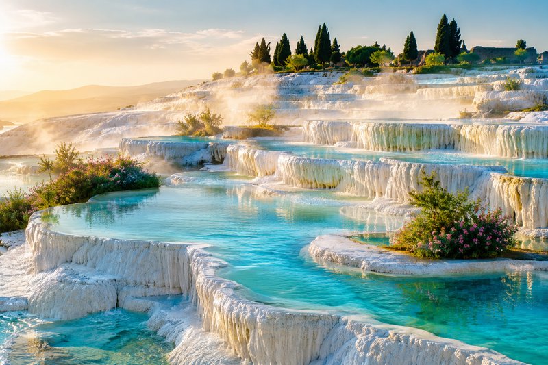 Turquoise thermal water fills Pamukkale, Turkey’s white travertine terraces at golden sunrise, with rising steam