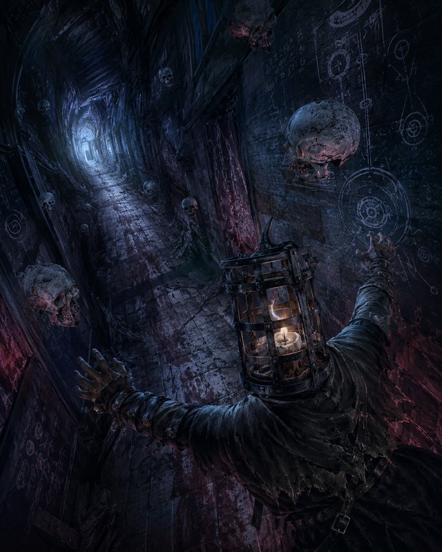 Cage-headed robed cultist stands with outstretched arms in a gory gothic dungeon corridor lined w...