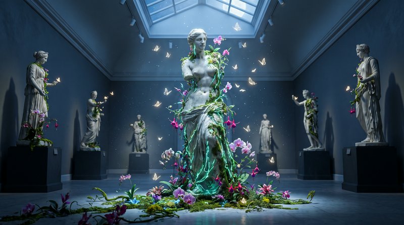 Surreal skylit museum gallery with classical marble statues, central Venus sculpture wrapped in g...