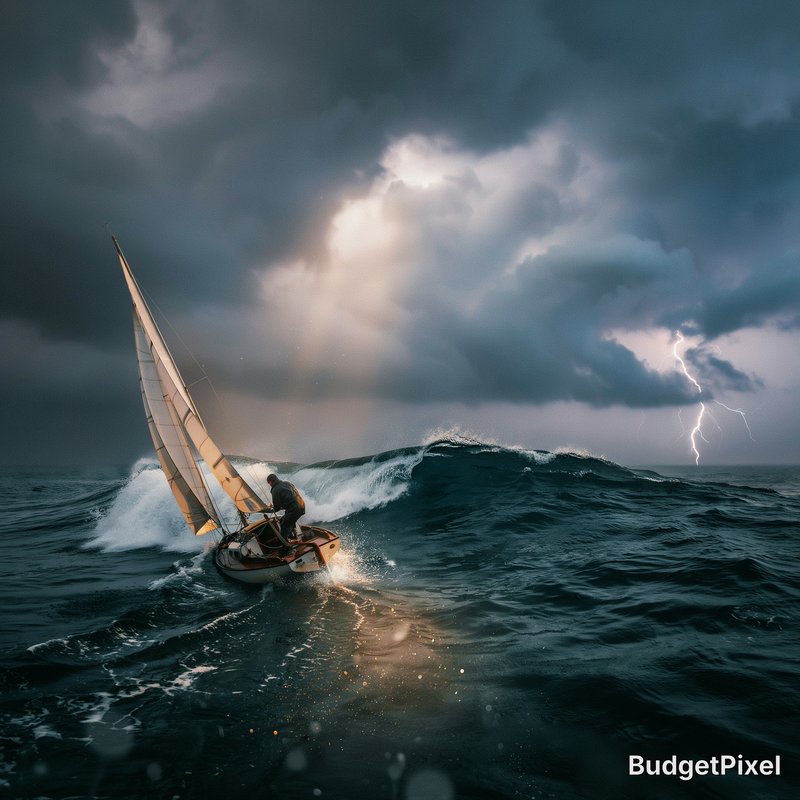 dramatic image, a sailboat at sea, in the middle of a terrible storm, with bright rays, dramatic clouds, dark atmosphere, complementary colors