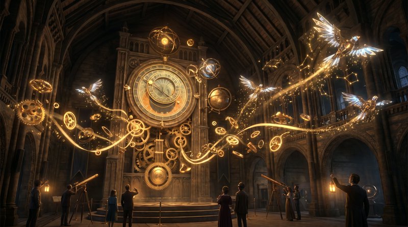 Grand steampunk gothic chamber with giant astronomical clock, glowing golden gears, mechanical cr...