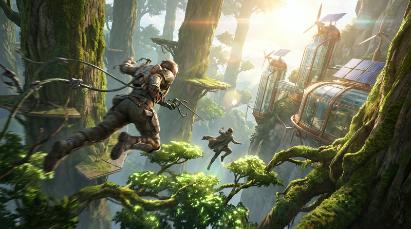 Two adventurers leap mid-air across a misty giant forest toward a futuristic solar-powered tree s...