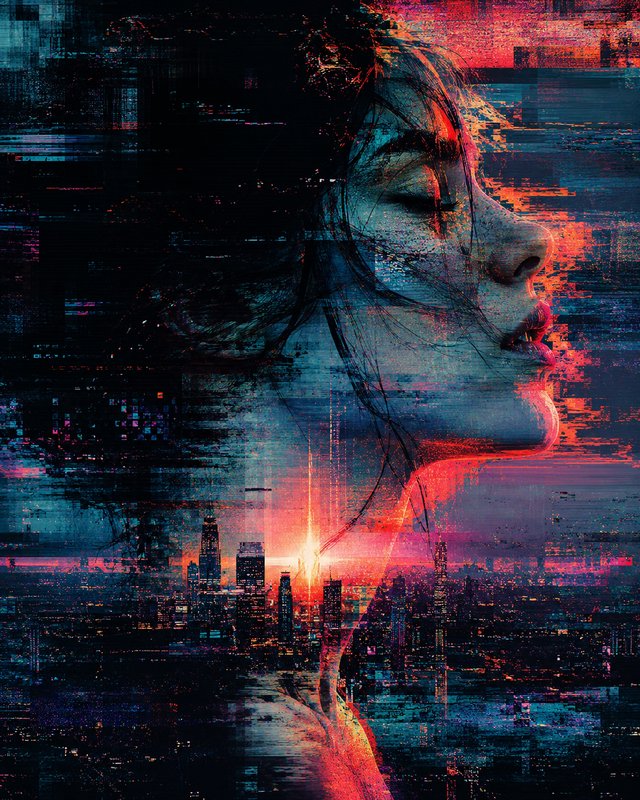 Double exposure glitch art of a woman in profile with closed eyes merged with a neon cyberpunk ci...