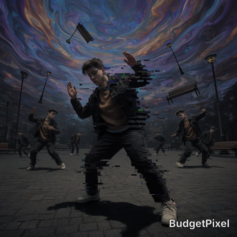 An extraordinary artwork of reality falling apart. Multiple duplicated versions of the same person are frozen in different poses in a city square, their forms partially glitching and pixelating. Gravity is broken, with street lamps and benches floating into a swirling, distorted sky. Cinematic lighting, dramatic shadows, surreal and mind-bending atmosphere.