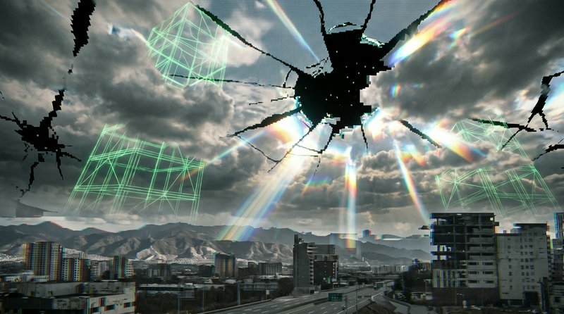 Glitch art of pixelated giant alien insect creatures hovering over a city with glowing green wire...