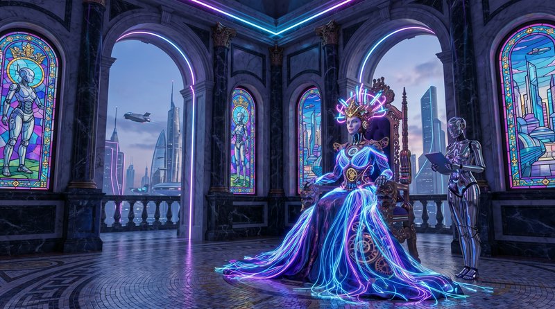 Cyberpunk android queen in a glowing neon gown sits on an ornate throne, with a robot attendant, ...