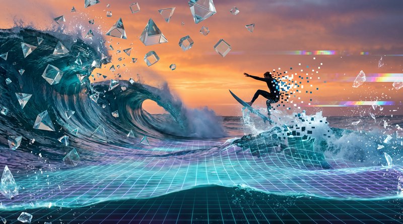 Surreal glitch art of a pixelating surfer riding a wireframe ocean wave, floating geometric cryst...