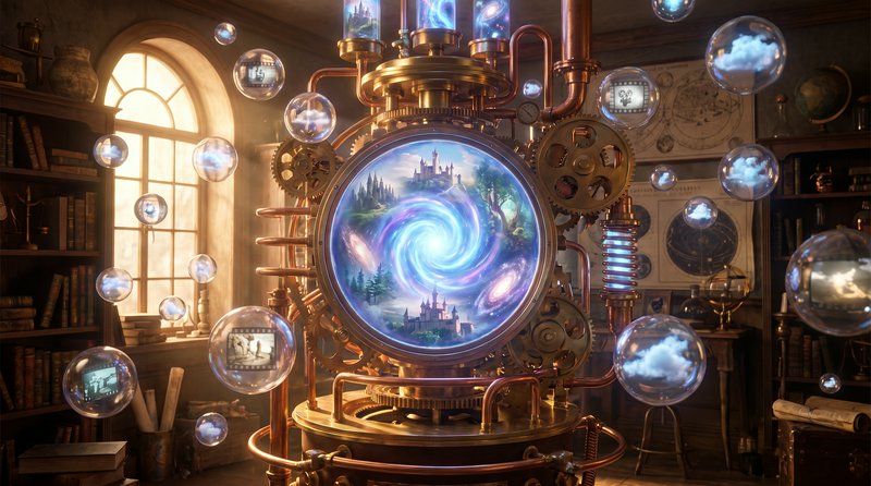 Elaborate steampunk time machine with glowing cosmic portal, surrounded by floating memory orbs i...