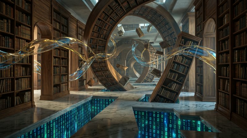 Surreal recursive infinite library with floating books, swirling energy streams, glowing binary c...