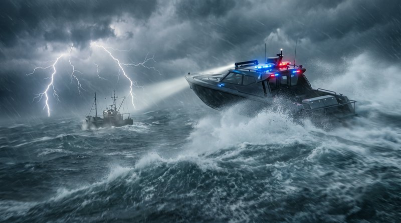 Coast guard patrol boat speeds through rough storm waves toward a fishing vessel as lightning lig...