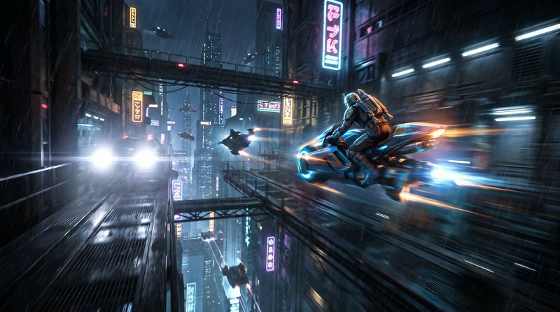 Armored sci-fi rider speeds on a glowing hoverbike through a rainy neon cyberpunk city at night