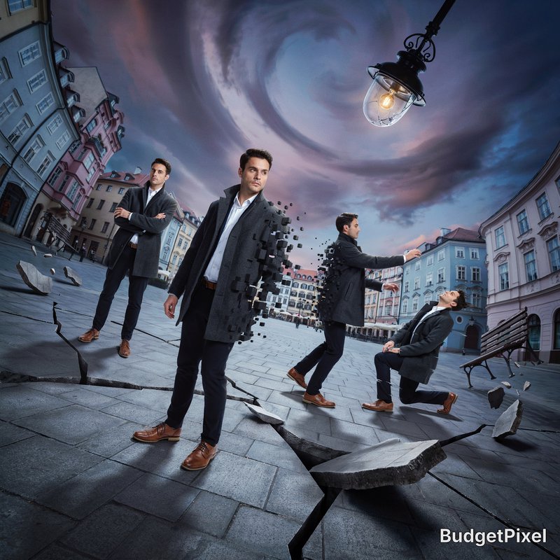 An extraordinary artwork of reality falling apart. Multiple duplicated versions of the same person are frozen in different poses in a city square, their forms partially glitching and pixelating. Gravity is broken, with street lamps and benches floating into a swirling, distorted sky. Cinematic lighting, dramatic shadows, surreal and mind-bending atmosphere.