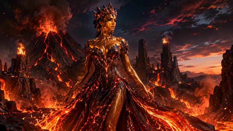 Regal fantasy fire queen in a glowing lava gown stands in an erupting volcanic hellscape with bur...